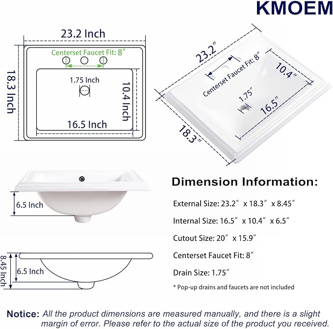 23"x18" Semi Recessed Bathroom Sink with 8-in Centerset Three 1.38" Faucet Hole Drop-in Vessel Sink White Porcelain Ceramic Modern Rectangular Sinks Basin Vanity Sinks with Overflow