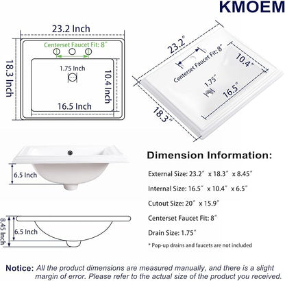 23"x18" Semi Recessed Bathroom Sink with 8-in Centerset Three 1.38" Faucet Hole Drop-in Vessel Sink White Porcelain Ceramic Modern Rectangular Sinks Basin Vanity Sinks with Overflow
