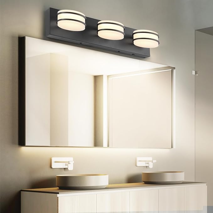 GOODATE 3 Color Temperature Dimmable Bathroom Light Fixtures Over Mirror, LED Black 3 Light Vanity Lighting Fixtures, Acrylic Stainless Steel Oval Shade Vanity Lights for Bathroom, ETL Certificated