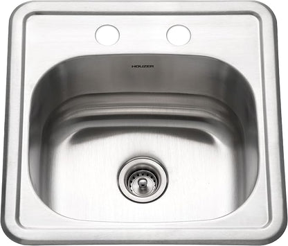 Houzer Hospitality Stainless Steel Bar & Prep Sink: 15 Inch Drop-In Topmount 2-Hole Sink for Bar & Kitchen, Durable & Versatile, Essential for Home & Apartment: 1515-6BS-1