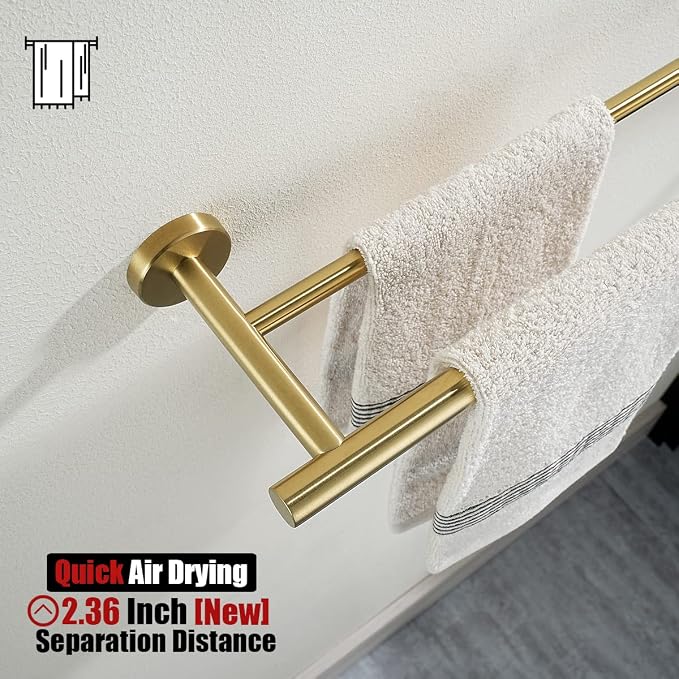 JQK Double Bath Towel Bar, Brushed Gold 33 Inch 304 Stainless Steel Thicken 0.8mm Towel Rack for Bathroom, Towel Holder Wall Mount, Useable Length 30 Inch 2 Pack, TB100L30-BG-P2