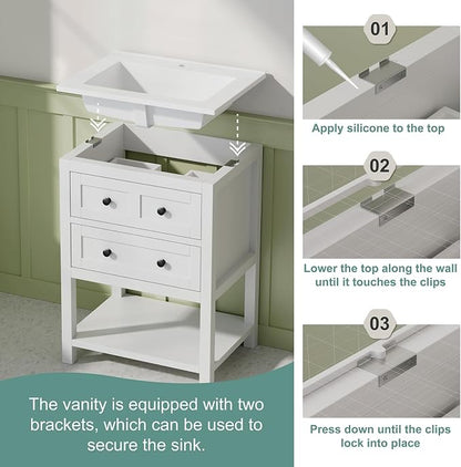 24 Inch Farmhouse Bathroom Vanity with Sink, White | Durable SMC integrated sink with 2 soft-close drawers, open shelf storage and adjustable feet, ideal for small bathrooms