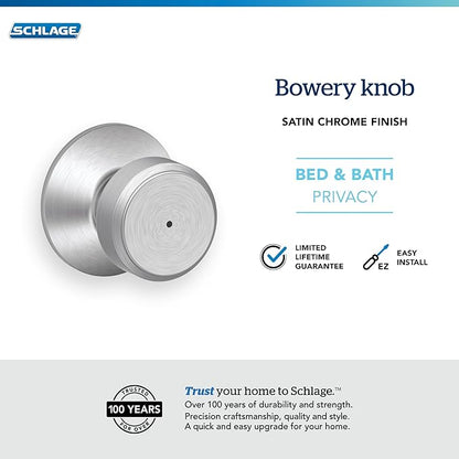 SCHLAGE F40 BWE 626 Bowery Privacy Lock Knob, Satin Chrome