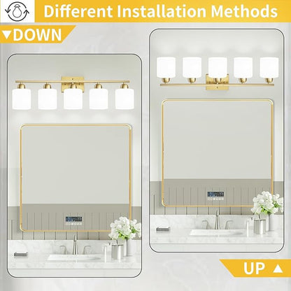 Bath Vanity Lights for Mirror, Restroom Lights Fixtures with Milky White Frosted Glass Shades,Bathroom Over Sink Light Fixtures, Bathroom Light Fixtures Over Mirror (Gold, 5-Light)