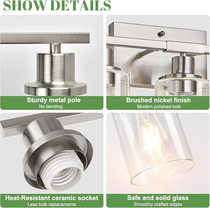 5-Light Bathroom Light Fixtures, Vanity Light with Clear Glass Shades, Brushed Nickel Bathroom Light Fixtures Over Mirror, Modern Bathroom Wall Lamp for Mirror Living Room Cabinet Bedroom
