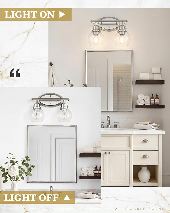 Bathroom Light Fixtures, 2-Light 14" Brushed Nickel Vanity Lights with Clear Globe Glass Shades, Farmhouse Vintage Vanity Lighting Fixtures Over Mirror, E26 Base, AD-2147-2W-SN