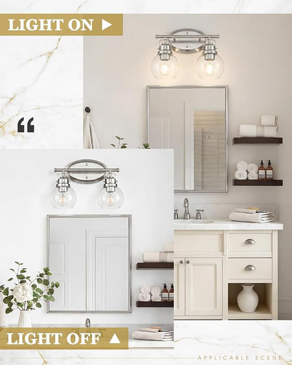 Bathroom Light Fixtures, 2-Light 14" Brushed Nickel Vanity Lights with Clear Globe Glass Shades, Farmhouse Vintage Vanity Lighting Fixtures Over Mirror, E26 Base, AD-2147-2W-SN