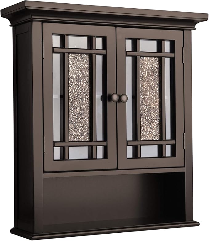 Teamson Home 2 Door Bathroom Wall Cabinet Windsor Collection with Crown Molding, Wall Mounted Over The Toilet Storage with Open Shelf & Decorative Glass Mosaic Details, Espresso