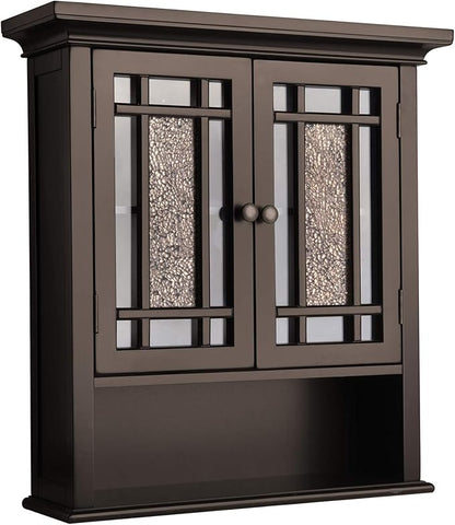 Teamson Home 2 Door Bathroom Wall Cabinet Windsor Collection with Crown Molding, Wall Mounted Over The Toilet Storage with Open Shelf & Decorative Glass Mosaic Details, Espresso
