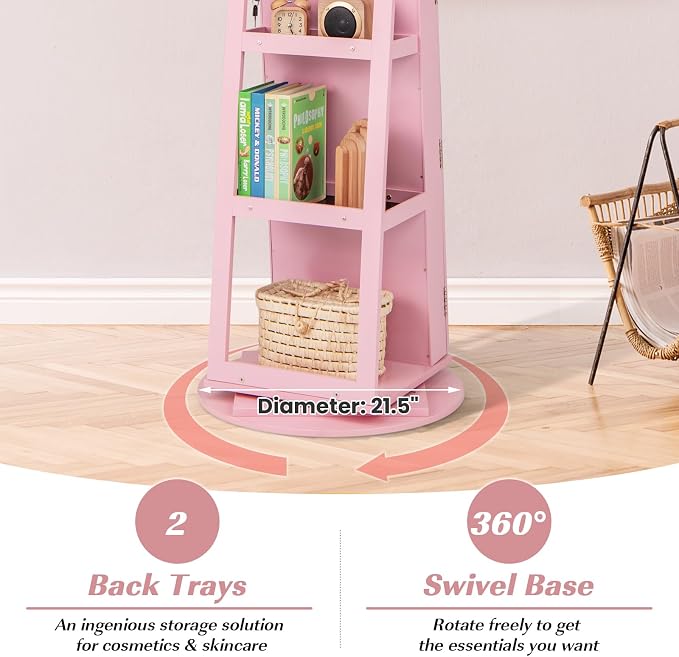 GOFLAME 360° Rotating Jewelry Cabinet with Full-Length Mirror, Freestanding Jewelry Armoire with 3-Color LED Light and Back Storage Shelf, Lockable Jewelry Organizer for Bedroom Cloakroom, Pink
