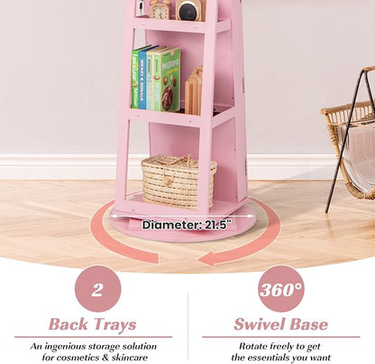 GOFLAME 360° Rotating Jewelry Cabinet with Full-Length Mirror, Freestanding Jewelry Armoire with 3-Color LED Light and Back Storage Shelf, Lockable Jewelry Organizer for Bedroom Cloakroom, Pink