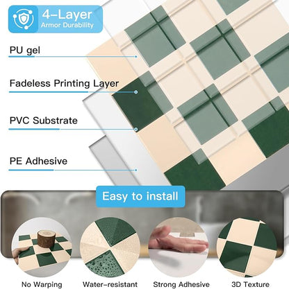 Art3d Grid Tile Peel and Stick Backsplash, 10-Pack, Dark-Green & Warm White | 12 x 12 Inch, Enhanced Thickness, Superior Adhesion, Moisture Resistant, Long-Lasting, Minimalist Look, for Kitchen Decor
