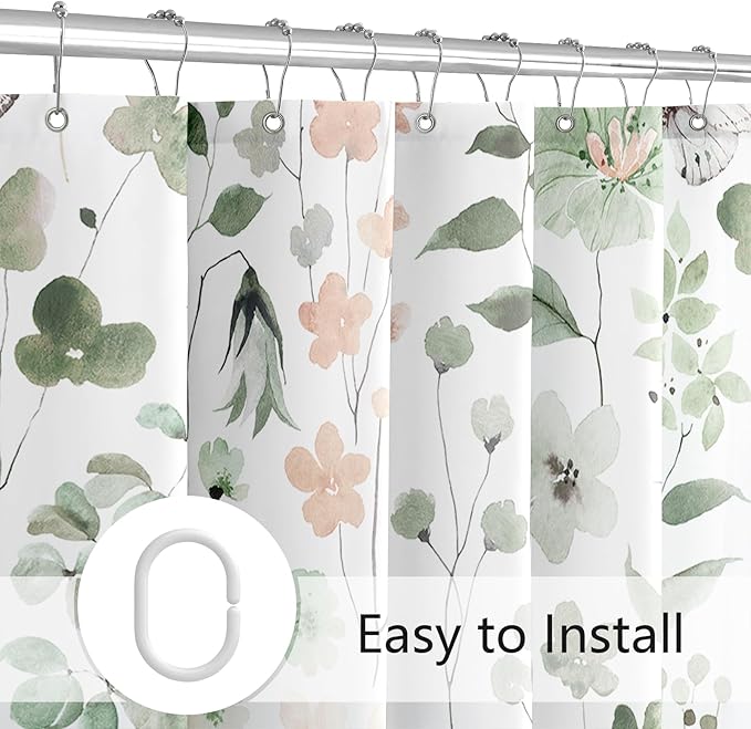 Extra Wide Flower Shower Curtain 108 x 72, Sage Green Flower Shower Curtains for Claw Foot Tub, Modern Watercolor Floral 108 inch Long Shower Curtain Set with 18 Pack Plastic C-Hooks