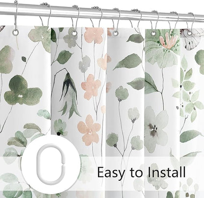 Small Stall Shower Curtain 36 x 72 Inch, Half Narrow Sage Green Floral Shower Curtain for Bathroom, Watercolor Flower Butterfly Fabric Shower Curtain Set with Hooks