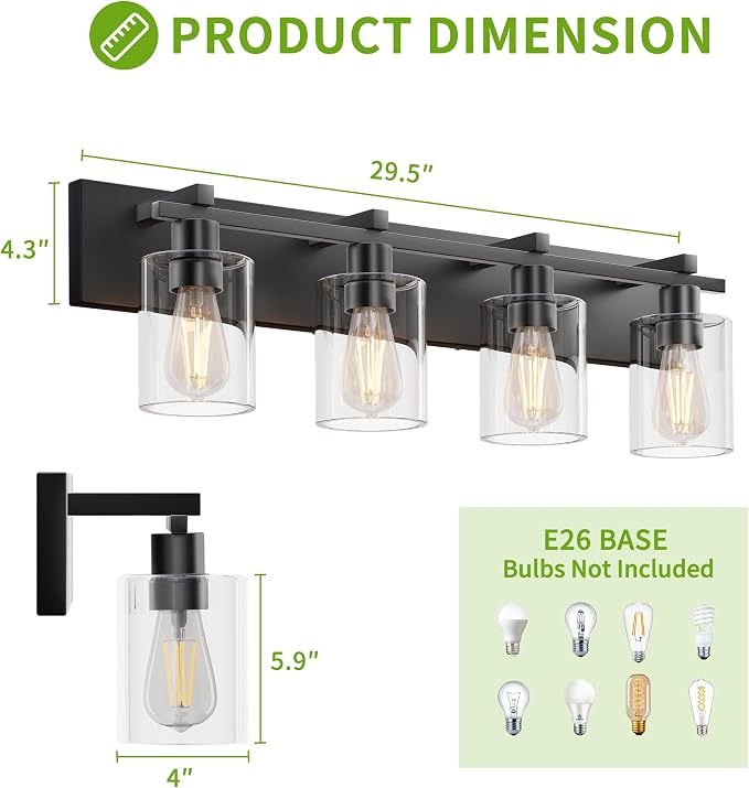 Bathroom Vanity Light,4 Light Matte Black Light Fixture with Thickened Clear Glass Shade, 30 inch Modern Wall Sconce, Bathrooms Vanity Light Over Mirror for Bathroom