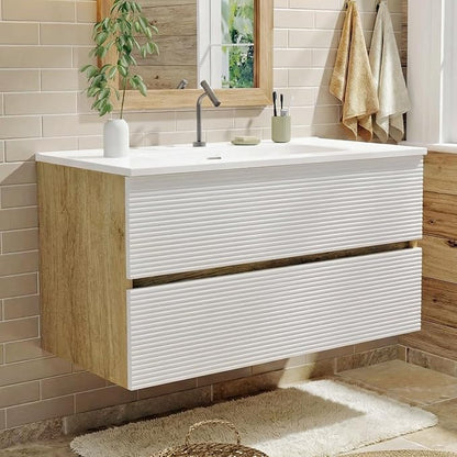 36″ Natural Wood & White Floating Bathroom Vanity with Sink, Modern Bathroom Cabinet with Soft Close & Large Storage Drawers, for Bath, Apartment, Hotel, Fully Assembled