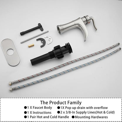 Waterfall Bathroom Faucet Brushed Nickel GGStudy Single Handle One Hole Farmhouse Bathroom Vanity Faucet Basin Mixter Tap Deck Mount with Drain Assembly