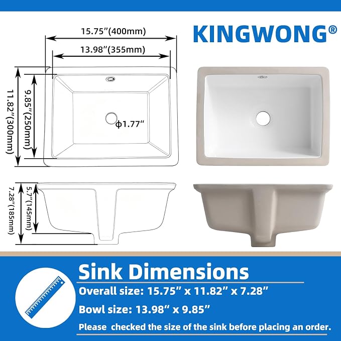 KINGWONG 16 Inch Undermount Bathroom Sink, Small White Porcelain Rectangular Ceramic Sink with Overflow, Under Counter Wash Basin for Tiny House RV Laundry Powder Room, Easy to Clean, 15.75" x 11.82"