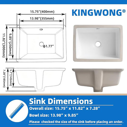 KINGWONG 16 Inch Undermount Bathroom Sink, Small White Porcelain Rectangular Ceramic Sink with Overflow, Under Counter Wash Basin for Tiny House RV Laundry Powder Room, Easy to Clean, 15.75" x 11.82"