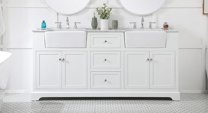 72" Pre-Assembled Bathroom Vanity with Sink, Solid Birch and MDF, Carrara White Marble Countertop Attached, Double Rectangle Porcelain Sink, 3 Soft-Close Drawers, White
