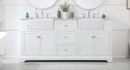72" Pre-Assembled Bathroom Vanity with Sink, Solid Birch and MDF, Carrara White Marble Countertop Attached, Double Rectangle Porcelain Sink, 3 Soft-Close Drawers, White