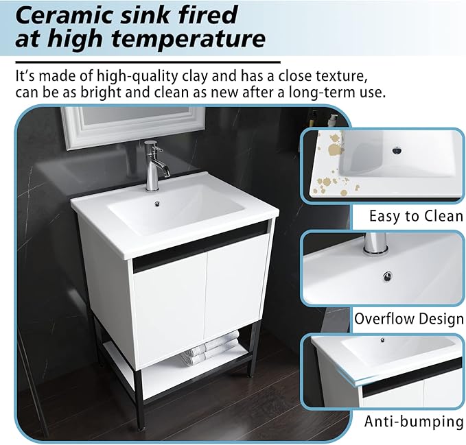 wonline 24” Bathroom Vanity with Ceramic Sink, Bathroom MDF Cabinet with White Wash Basin and Modern Design Chrome Faucet for Small Space