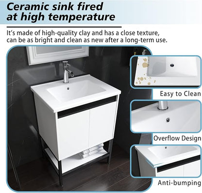wonline 24” Bathroom Vanity with Ceramic Sink, Bathroom MDF Cabinet with White Wash Basin and Modern Design Chrome Faucet for Small Space