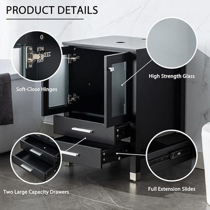 LUCKWIND 60" Double 24" Bathroom Vanity with Sink Combo, Elegant Series with One 12.6-in Side Cabinet, Painted Frame, Including Blue Boat Sinks, Faucets Without Mirrors, Black