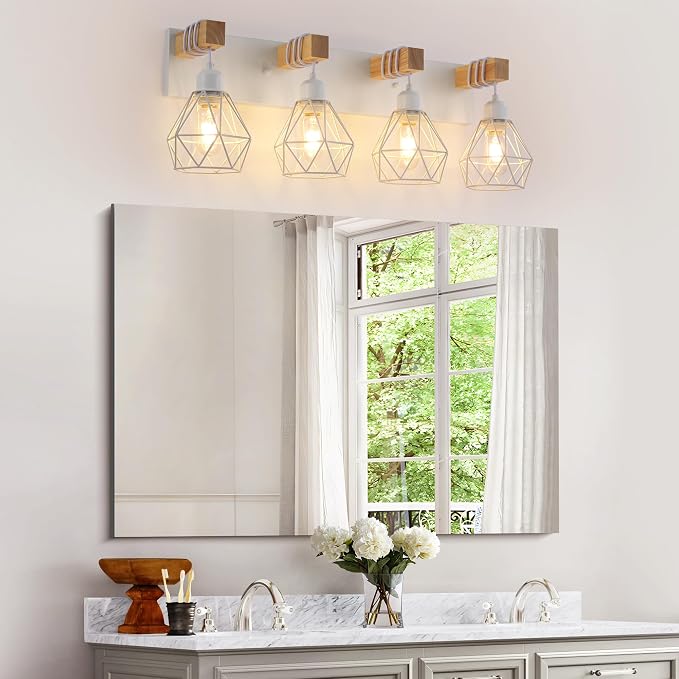 VbiTmn Bathroom Light Fixtures, 4 Light White Farmhouse Wood Vanity Lights | Rustic Design, Diamond Metal Shades, Easy to Install, Wall Sconces for Bathroom, Bedroom, Makeup Area, Over Vanity Mirror "