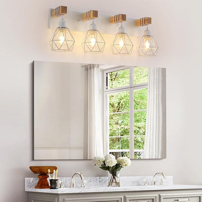 VbiTmn Bathroom Light Fixtures, 4 Light White Farmhouse Wood Vanity Lights | Rustic Design, Diamond Metal Shades, Easy to Install, Wall Sconces for Bathroom, Bedroom, Makeup Area, Over Vanity Mirror "
