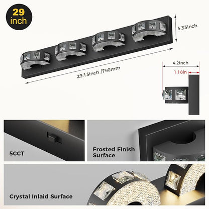 Modern Bathroom Vanity Lights 29.1 inch 32W 5 Color Temperature Black Vanity Light (4-Light,Dimmable) Crystal Bathroom Light Fixtures for Mirror, Living Room, Kitchen, Hallway, Cabinet