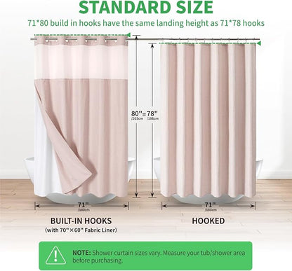 eachope No Hook Linen Texture Shower Curtain with Snap-in Liner,71x80 Blush | 230GSM Thick Fabric,Hotel Luxury Decor,Mesh Top Window,Magnetic Weighted Hem,Waterproof & Machine Washable,for Bathroom