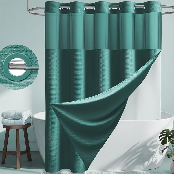 Seaweed Green Hook Free Waffle Shower Curtain & Snap Liner,72x75 | Less Time to install, 3 in 1 Fabric Shower Curtain and Liner Set with Magnets, Mesh Top Window, Shower Curtains for Bathroom