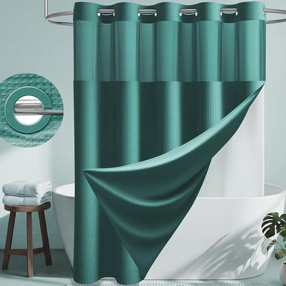 Seaweed Green Hook Free Waffle Shower Curtain & Snap Liner,72x75 | Less Time to install, 3 in 1 Fabric Shower Curtain and Liner Set with Magnets, Mesh Top Window, Shower Curtains for Bathroom
