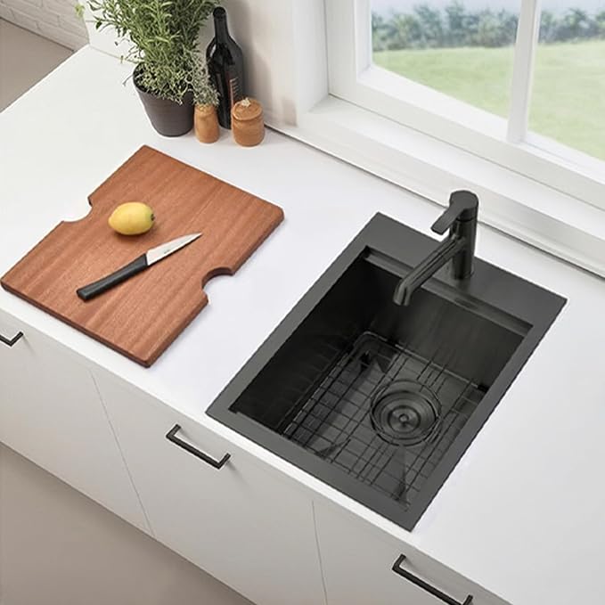 15x20 Inch Gunmetal Black Drop-in Bar Sink, Single Bowl, 16 Gauge Stainless Steel, Topmount, Modern, Workstation Sink with Accessories