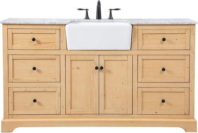 60" Pre-Assembled Bathroom Vanity with Sink, Solid Birch and MDF, Carrara White Marble Countertop Attached, Single Rectangle Porcelain Sink, 6 Soft-Close Drawers, Natural Wood
