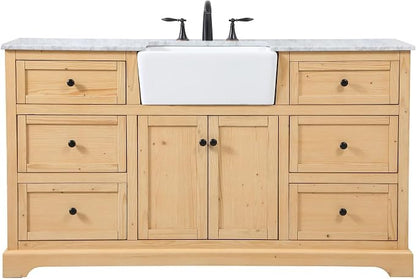 60" Pre-Assembled Bathroom Vanity with Sink, Solid Birch and MDF, Carrara White Marble Countertop Attached, Single Rectangle Porcelain Sink, 6 Soft-Close Drawers, Natural Wood