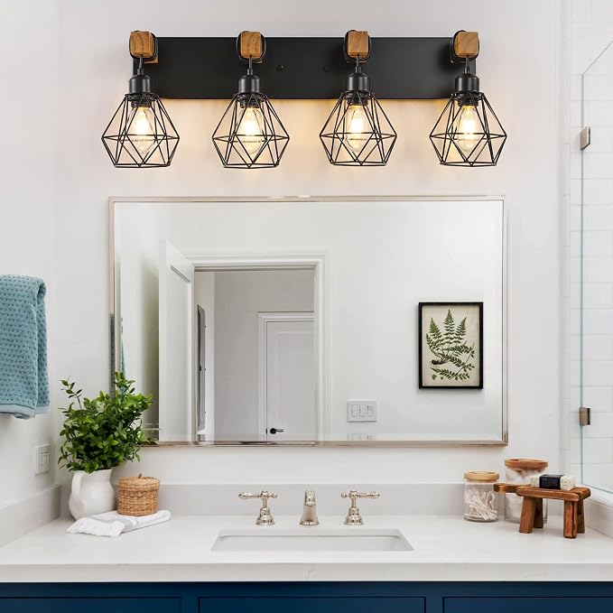 VbiTmn Bathroom Light Fixtures, 4 Light Black Farmhouse Wood Vanity Lights | Rustic Design, Diamond Metal Shades, Easy to Install, Wall Sconces for Bathroom, Bedroom, Makeup Area, Over Vanity Mirror