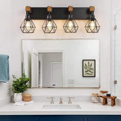 VbiTmn Bathroom Light Fixtures, 4 Light Black Farmhouse Wood Vanity Lights | Rustic Design, Diamond Metal Shades, Easy to Install, Wall Sconces for Bathroom, Bedroom, Makeup Area, Over Vanity Mirror