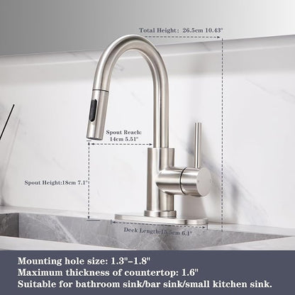 Brushe Nickel Bathroom Sink Faucet with Pull Down Sprayer | 2 Mode Sprayer, with Deck Plate for 1 or 3 Hole, 360° Swivel, with Pop Up Drain for Vanity Bar RV Basin Laundry Kitchen