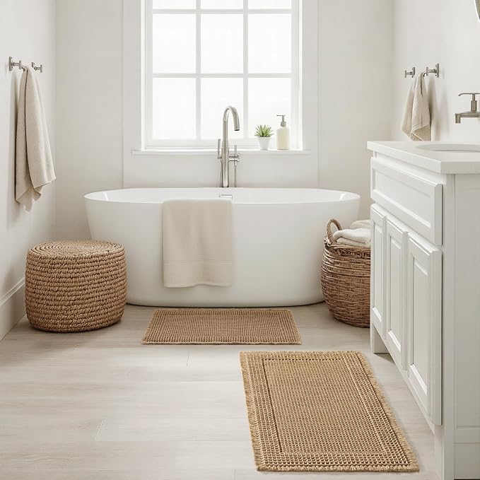 MIULEE Set of 2 Waffle Bathroom Rugs Bordered Bath Mat Brown 18x30 Inch | Non Slip, Super Absorbent, Washable, Ultra Soft, Rubber Backed Bath Rugs for Bathroom Floor Tub and Shower, Boho Decor