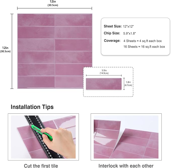 CRE8TIVE 16 Sheets Pink Straight Linear Backsplash Tile for Kitchen Peel and Stick Backsplash for Bathroom Shower Tile Waterproof Renter Friendly Back Splash Stick on Wall Tiles for Fireplace 12"x12"