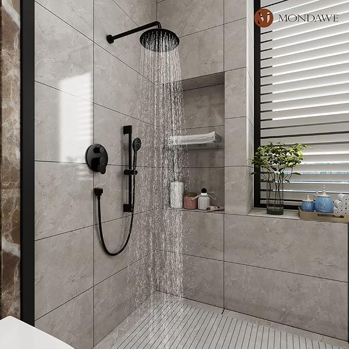 MONDAWE 9 Inch Wall Mounted Shower Faucet Set in Oil Rubbed Bronze, Rainfall Shower Head with 3-Setting Handheld Spray Shower Set Combo, High Pressure Shower System with Solid Brass Valve