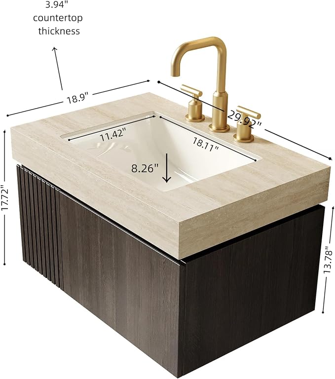 KEIKI 30 Inch Floating Bathroom Vanity with Sink, Espresso & Beige | Modern Wall Mounted Storage Cabinet w/ Drawer & Door, Pre-assembled Wood Panels, Sintered Stone Top & Ceramic Basin Combo Set
