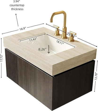 KEIKI 30 Inch Floating Bathroom Vanity with Sink, Espresso & Beige | Modern Wall Mounted Storage Cabinet w/ Drawer & Door, Pre-assembled Wood Panels, Sintered Stone Top & Ceramic Basin Combo Set
