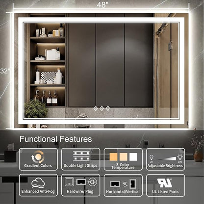 LED Bathroom Mirror, 48x32 Inch Gradient Front and Backlight Lighted Vanity Mirror, 3 Colors Dimmable CRI>90 Double Lights, IP54 Enhanced Anti-Fog, Hanging Plate Wall Mount LED Light Mirror