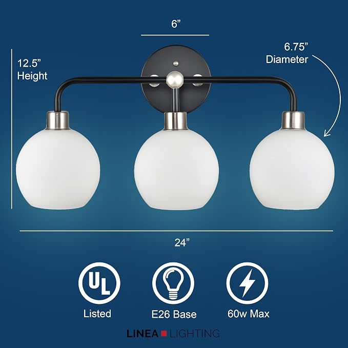 Lukasa Modern Bathroom Vanity Lights Fixtures 3-Lights Over Mirror Lighting Black with Brushed Nickel Vanity Lights for Bathroom Light Fixtures Frosted Glass Covers, UL Listed