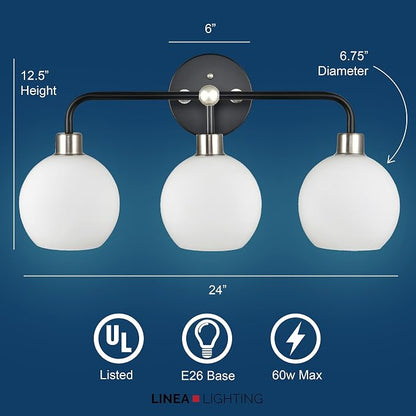 Lukasa Modern Bathroom Vanity Lights Fixtures 3-Lights Over Mirror Lighting Black with Brushed Nickel Vanity Lights for Bathroom Light Fixtures Frosted Glass Covers, UL Listed