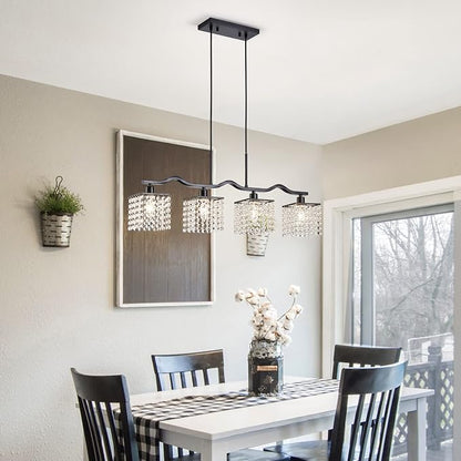 WUZUPS Crystal Chandelier 4-Light Linear Raindrop Pendant Ceiling Light Modern Lighting Fixture for Bedroom Dinning Room Bar Kitchen Island, H8.7'' W4.7'' L30.5, E12 Base, Black