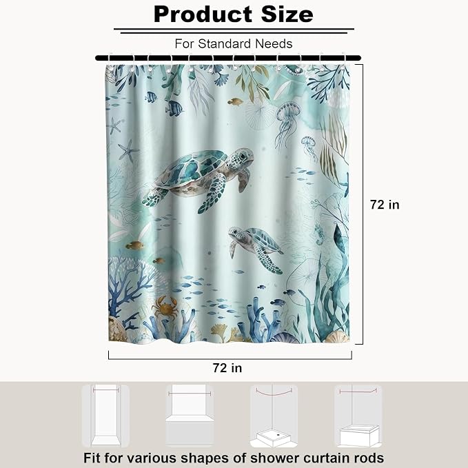 Kids Cute Ocean Shower Curtain, Rustic Modern Nautical Tropical Sea Turtle Coral Shower Curtains for Bathroom, Waterproof Bath Curtain with Hooks Machine Washable Bathtub Curtains 72x72 Inch Blue